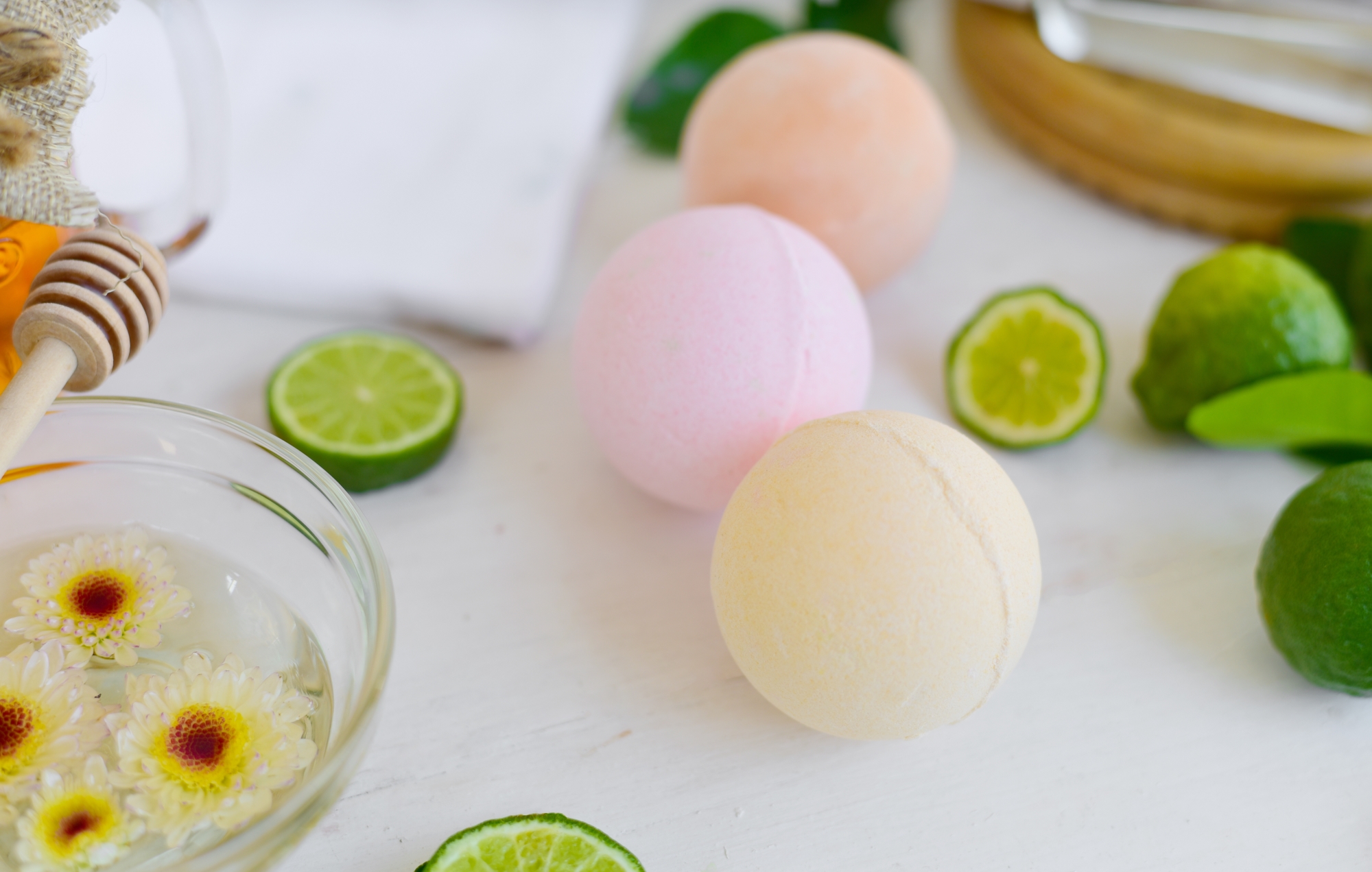 image of drink bombs and limes on a kitchen counter